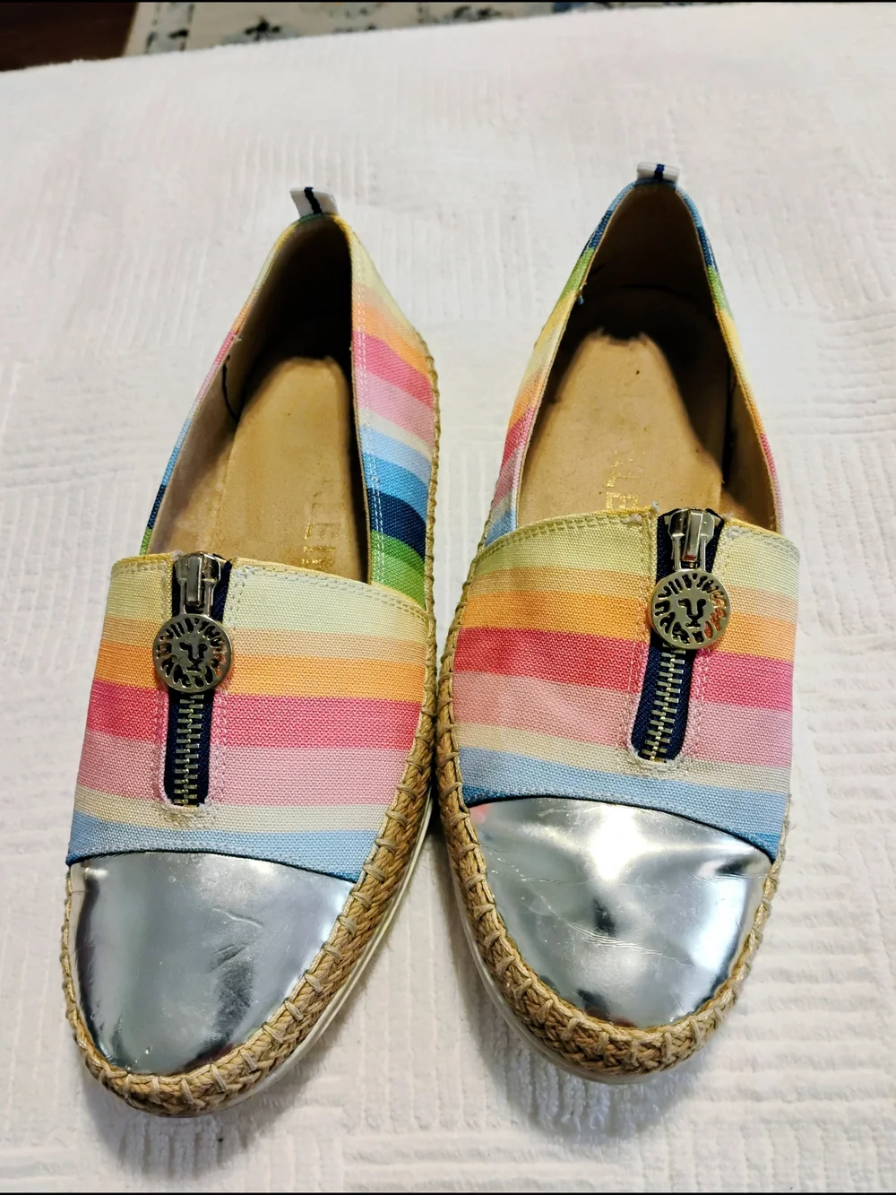 Anne Klein Jax Espadrilles Rainbow Stripe Canvas Flats Silver Toe Slip On Shoes